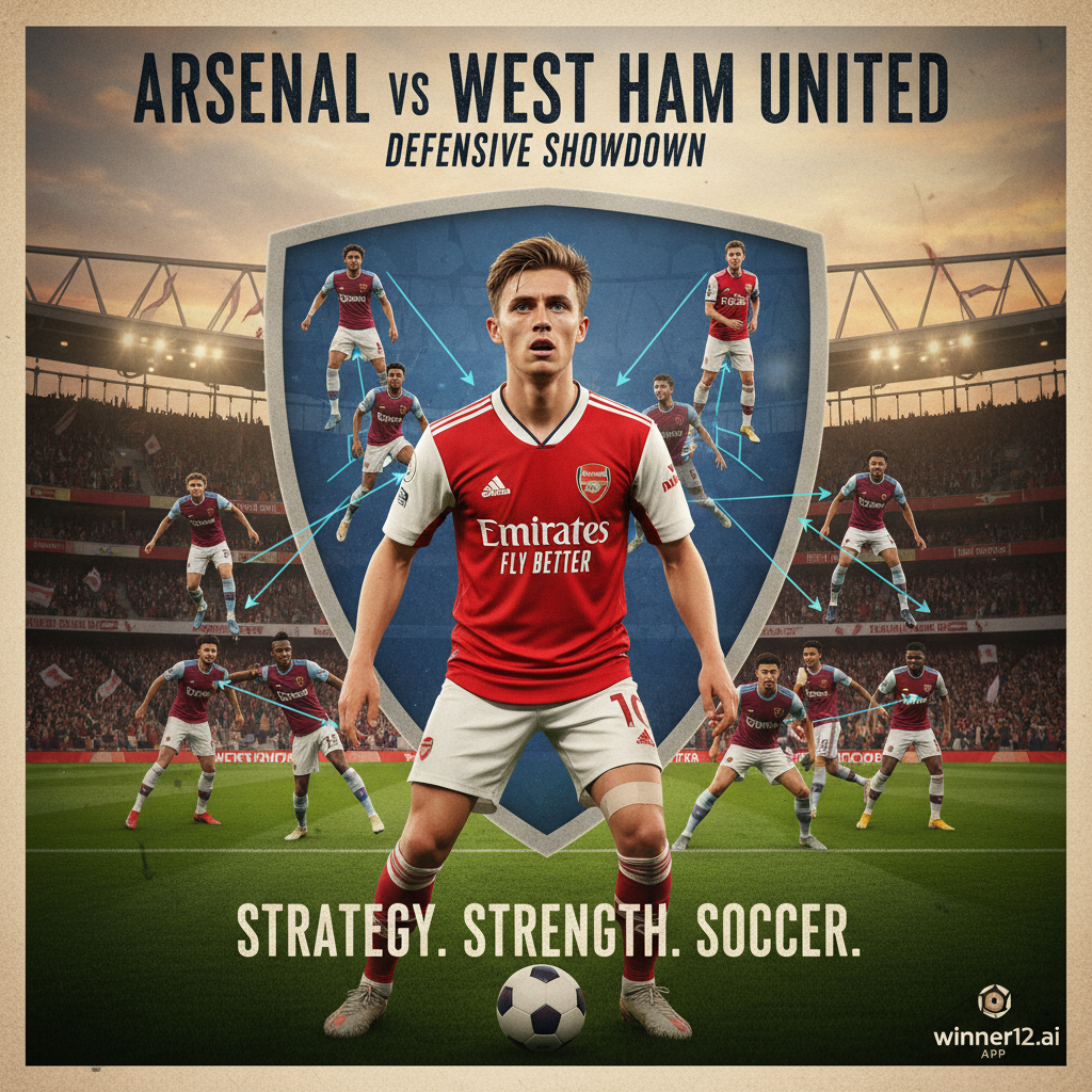 图片ALT文本：阿森纳对阵西汉姆联的写实风格海报，展示动态球员阵型和战术叠加，重点突出奥德加德带伤坚韧拼搏形象，背景为经典英式足球场和热情球迷，真实球队球衣与足球，隐约出现winner12 APP预测标识，彰显英格兰足球防守策略与比赛强度。