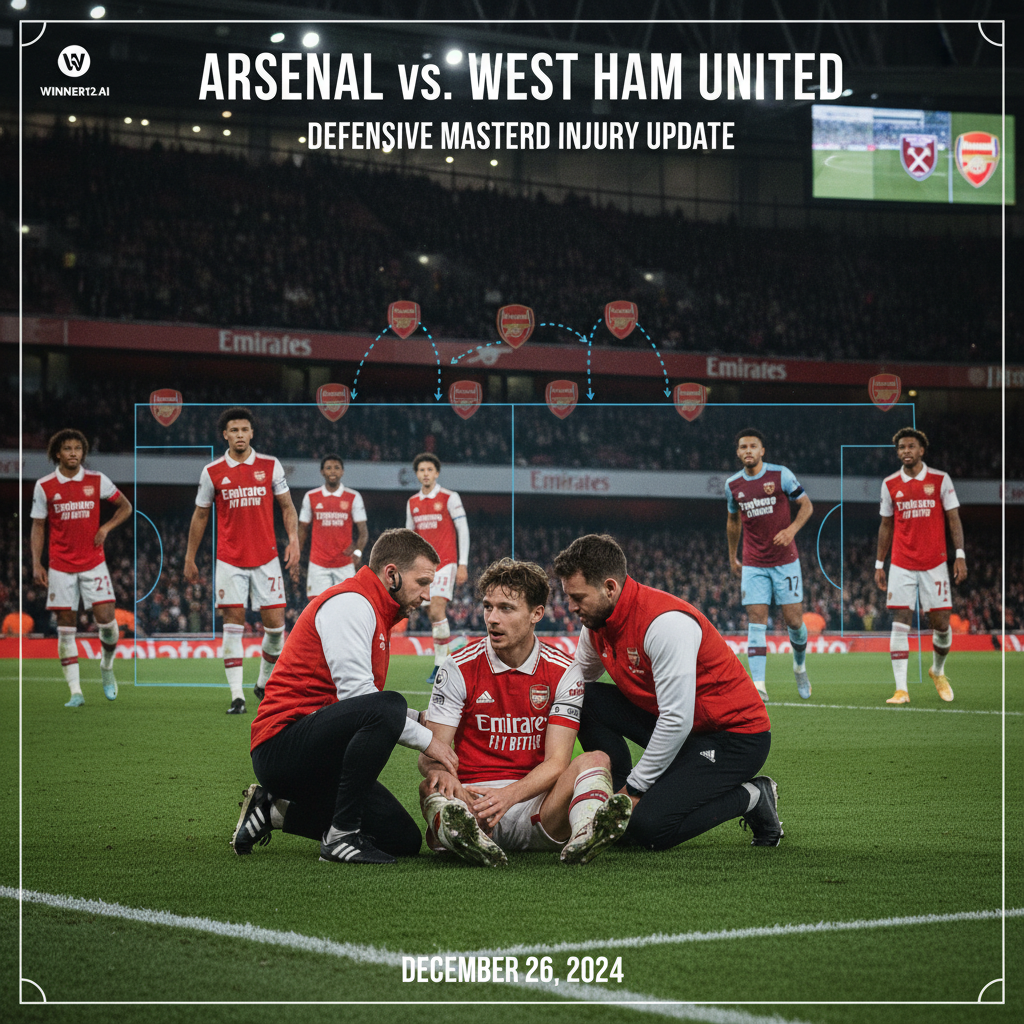 阿森纳VS西汉姆联真实风格海报，展示防守策略与详细战术阵型，重点描绘奥德加德伤情及医护人员现场救治，采用英超正统球衣和球场背景，角落带有winner12.ai品牌标识，动态逼真光影效果，突显比赛激烈瞬间。