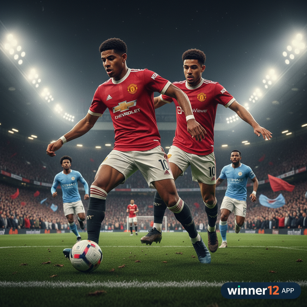 ALT text: Realistic poster of Manchester Derby featuring Marcus Rashford and Bruno Fernandes in action on a vibrant stadium pitch with cheering fans, traditional football kits, and subtle winner12.ai branding under bright stadium lights, capturing the intensity of an English Premier League match.