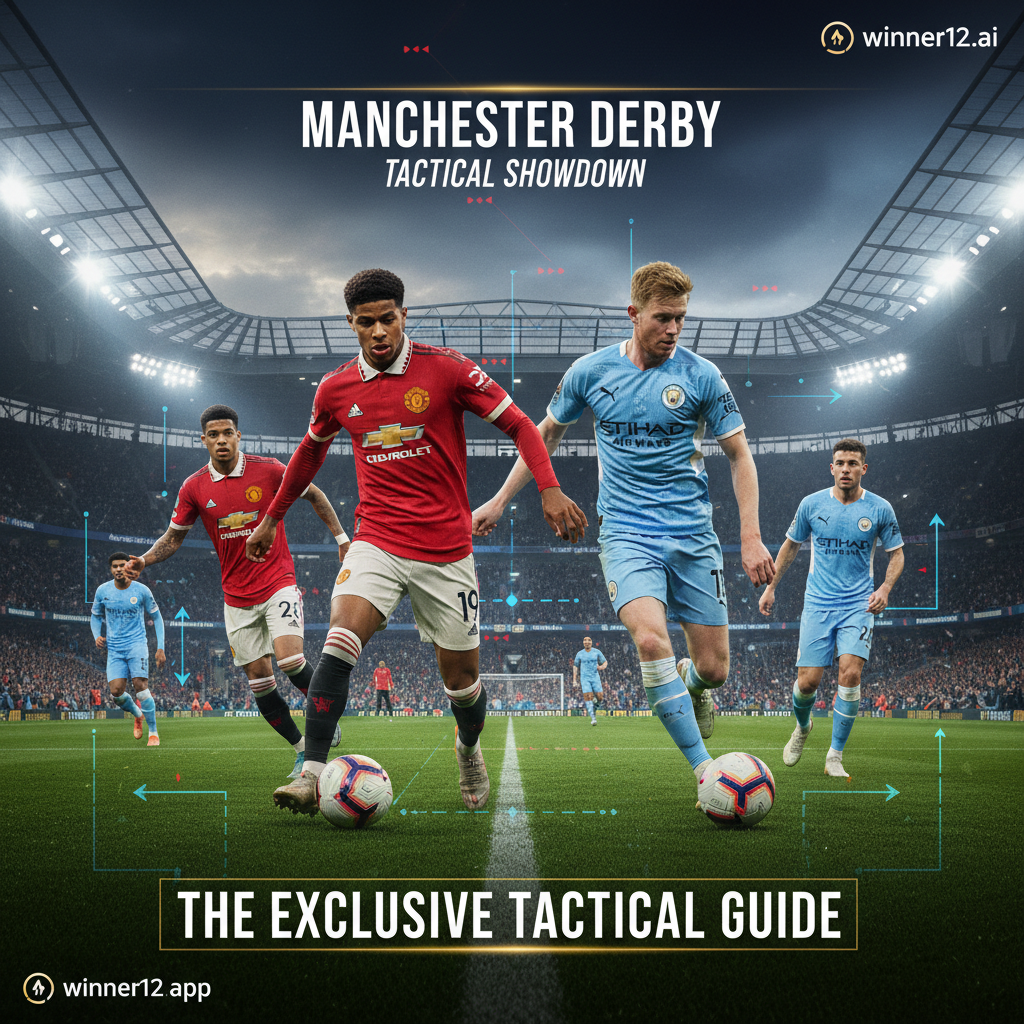 Alt text: High-detail poster of an intense Manchester United vs Manchester City soccer match featuring Marcus Rashford and Bruno Fernandes in authentic kits on a vibrant green pitch under stadium lights, with tactical formation overlays and strategy lines, crowd-filled stands, iconic stadium architecture, and the discreet winner12.ai logo highlighting exclusive English Premier League football predictions.