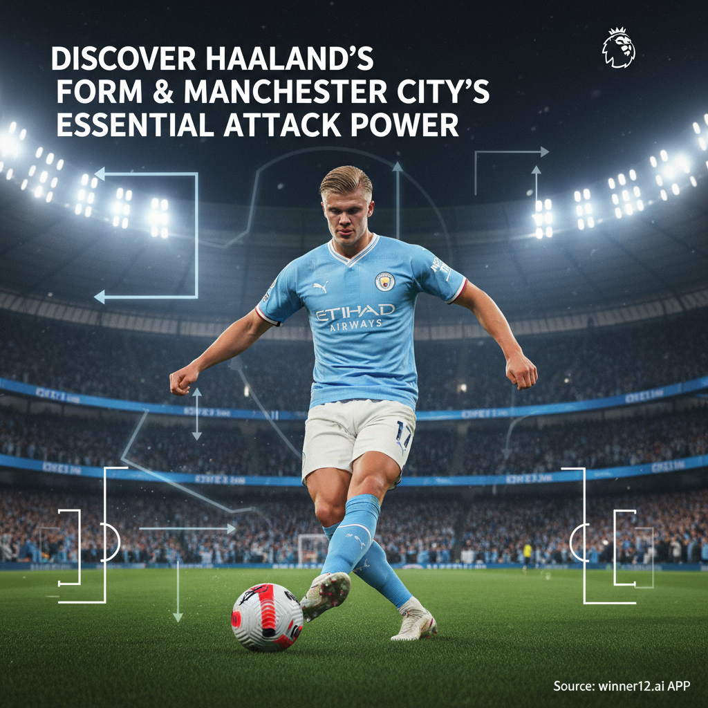 图片ALT文本：曼城球衣的哈兰德在明亮的足球场灯光下动态射门，展现其专注与强劲动作，背景融合战术箭头和英超标志，突出曼城进攻策略与哈兰德状态分析，配有“Discover Haaland’s Form & Manchester City’s Essential Attack Power”现代字体文字。