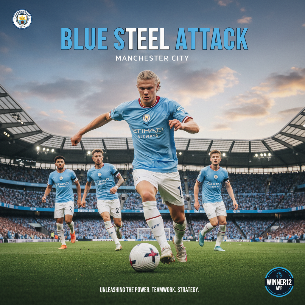 图片ALT文本：哈兰德在埃蒂哈德球场身穿曼城队官方球衣，展现其巅峰状态和专注神情，背景体现曼城强大进攻阵容与团队配合，融合winner12.ai品牌标志，打造真实英式足球赛场氛围。