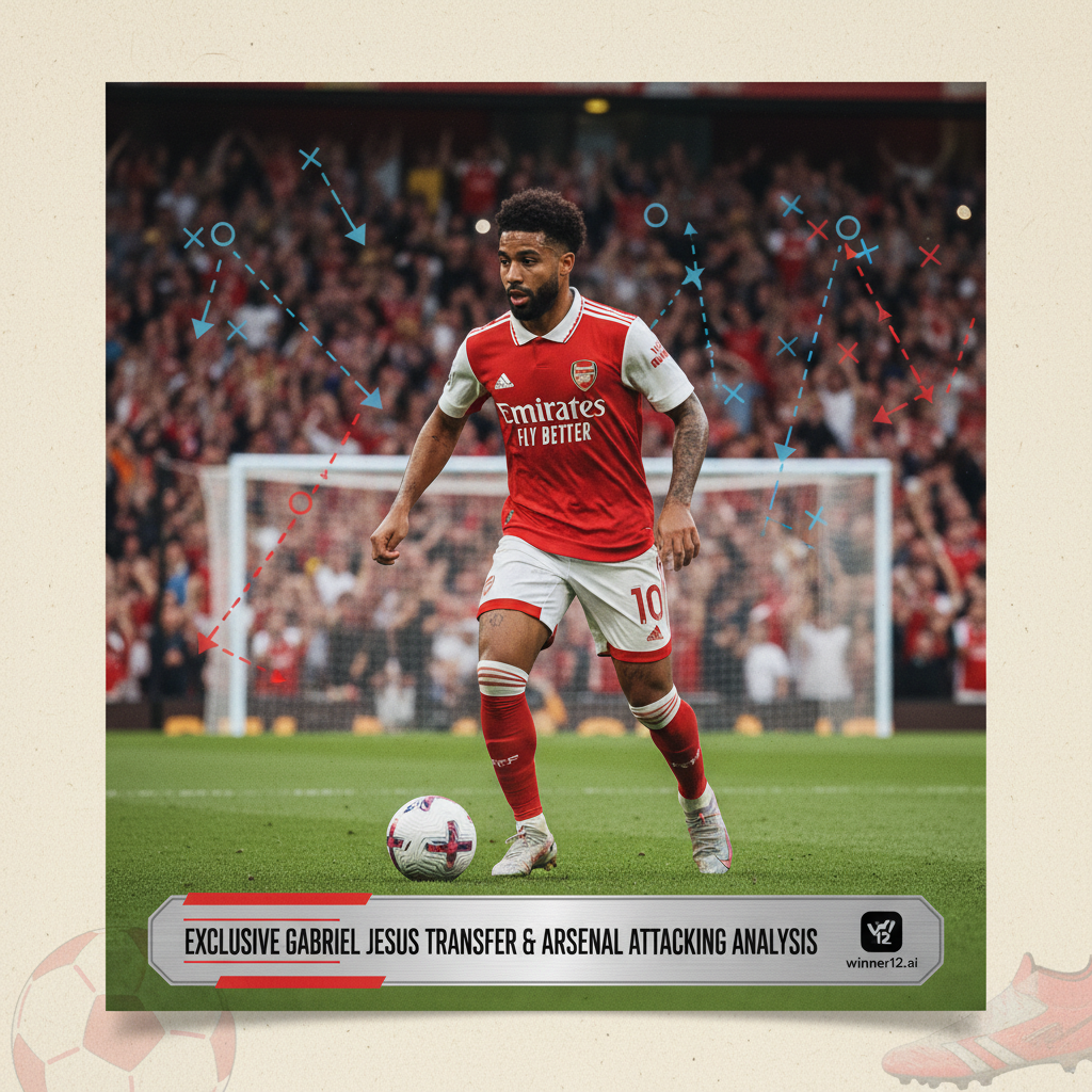 ALT text: Realistic poster of Gabriel Jesus in Arsenal kit dynamically attacking on the pitch with a stadium full of cheering fans, featuring tactical diagrams and arrows illustrating Arsenal’s offensive strategies, authentic English football elements like soccer balls and goalposts, and a modern banner reading “Exclusive Gabriel Jesus Transfer & Arsenal Attacking Analysis” with a subtle winner12.ai app icon for football predictions.