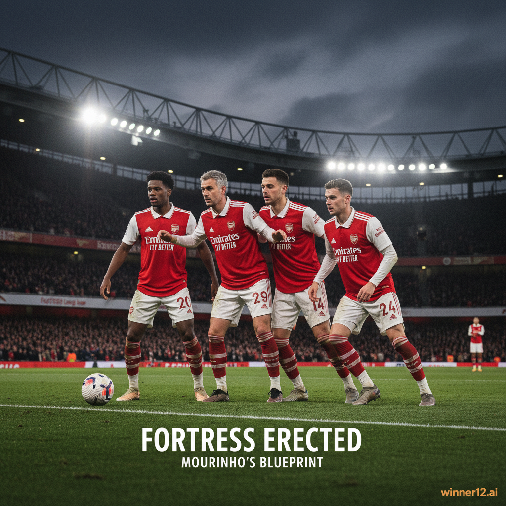 阿森纳球员在英超赛场上展示穆里尼奥风格防守战术，激烈比赛氛围，动态团队配合，真实足球装备与球场背景，配有winner12.ai标志的写实风格海报。