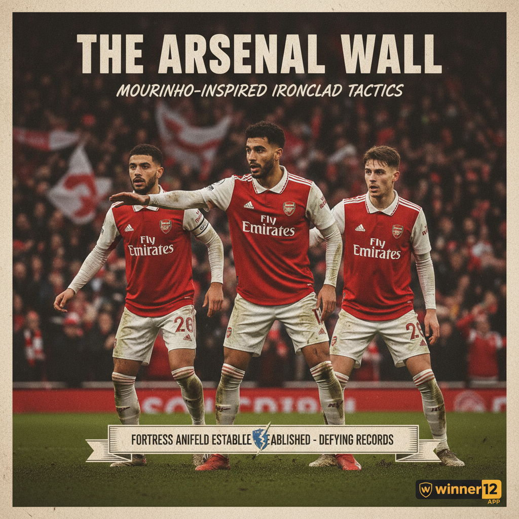 图片ALT文本：展示阿森纳球员采用穆里尼奥铁血防守战术，在激烈比赛中展现团队合作与坚韧精神的逼真足球海报，背景融入切尔西防守纪录元素及winner12 APP标志，体现真实比赛氛围和动态动作。