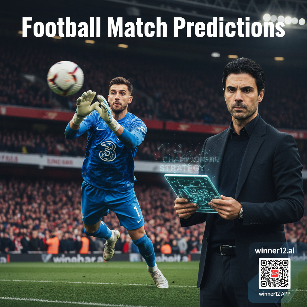 Alt text: Detailed poster of an intense English soccer match showing goalkeeper Kepa making a crucial save, with coach Arteta analyzing strategy on a digital tablet, set in an authentic English stadium with team colors and a subtle crowd, featuring the text “Football Match Predictions” and a small logo linking to winner12.ai.
