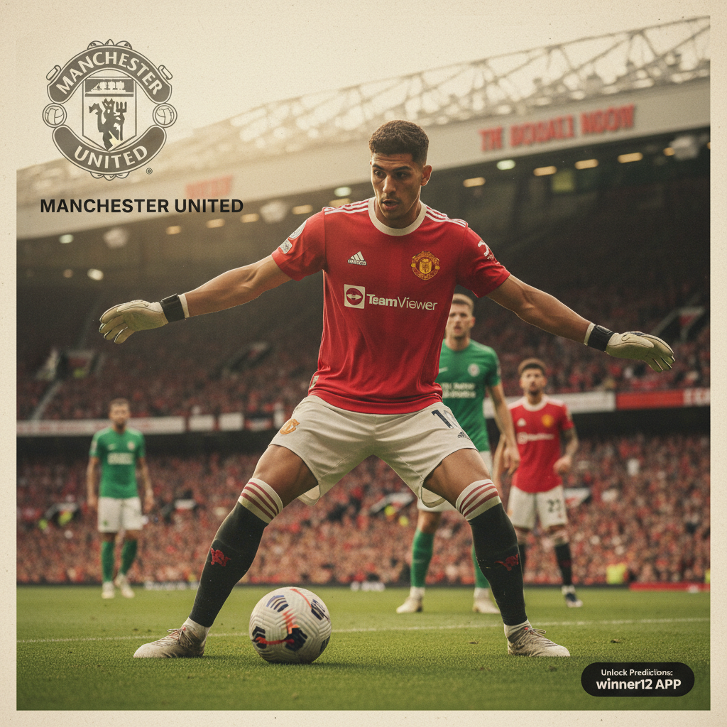 图片ALT文本：真实风格英超曼联防守海报，聚焦自信坚毅的马丁内斯防守动作，展现力量与战术，背景为自然光照下的球场，隐约可见曼联队徽，包含小字“winner12.ai”足球预测呼吁。