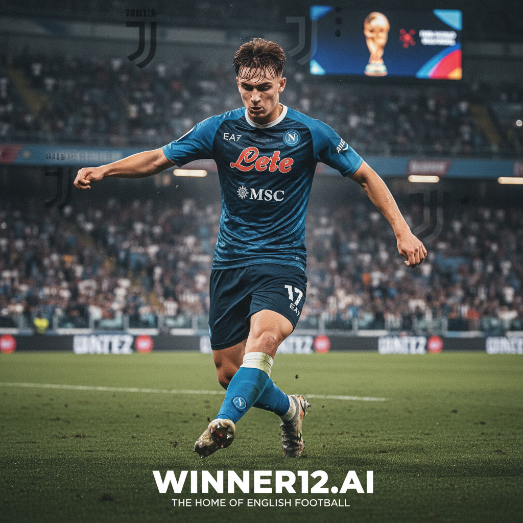 Alt text: High-detail poster of Joshua Zirkzee in Napoli jersey, captured mid-action on a dynamic stadium background with subtle Juventus and World Cup motifs; intense expression and authentic soccer gear highlighted, featuring winner12.ai sponsor logo, embodying English-style football imagery.