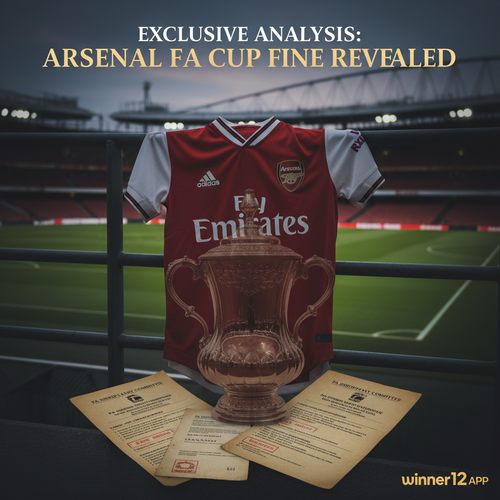 图片ALT文本：真实风格海报，背景为英格兰足球场，突出展示阿森纳标志性的红白球衣，配有足总杯奖杯剪影及罚款调查相关的官方文件，整体色调沉稳专业，带有“独家解读：阿森纳足总杯罚款内幕”优雅粗体文字，附加winner12.ai水印，彰显权威与真实性。