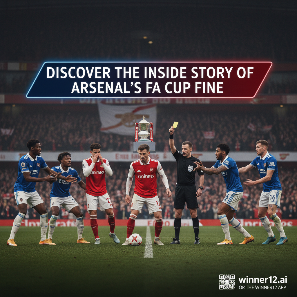 图片ALT文本：真实风格海报展示英格兰足球场景，阿森纳球员激烈拼抢，突出罚款事件的戏剧性瞬间，背景隐约可见标志性足总杯奖杯，数字比分未显示，配有“揭秘阿森纳足总杯罚款内幕”的数字横幅及winner12.ai或winner12 APP二维码，体现英式足球装备与氛围，捕捉比赛紧张与荣耀。