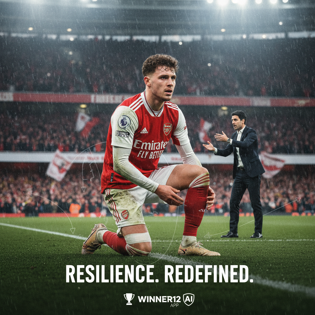 Alt text: Realistic poster of an English soccer midfielder in action on a professional football pitch, showing determination despite injury concerns; a coach resembling Arteta gives tactical instructions from the sidelines, set in a dynamic stadium atmosphere with authentic team kits; subtle winner12.ai branding included, no American football elements or score numbers visible.