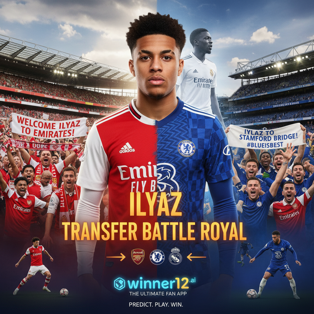 Alt text: Photorealistic high-resolution poster showing intense Premier League transfer battle featuring young star Ilyaz with Arsenal and Chelsea players in authentic kits, Real Madrid as a top European contender, vibrant stadium scenes, passionate fans, and subtle winner12.ai branding highlighting soccer transfer excitement.