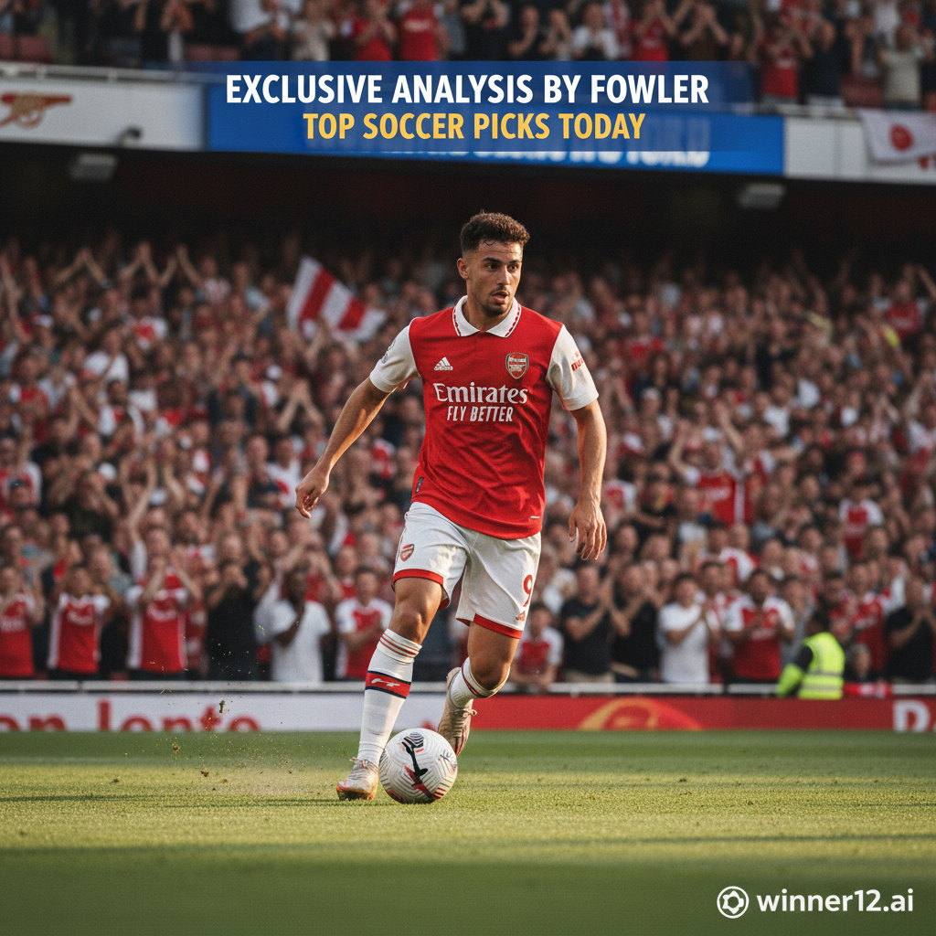 图片ALT文本：真实风格海报，展示阿森纳新援在足球场上奋力拼搏，动态动作和坚定表情突出，背景为阳光下球场内欢呼的球迷，右下角隐约可见winner12.ai品牌标志，海报文字包括“福勒独家分析”和“今日足球推荐”，体现纯正英式足球文化。