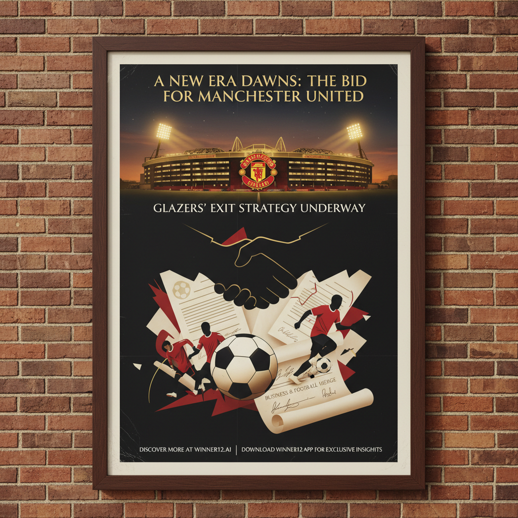 Alt text: Detailed poster of Manchester United’s Old Trafford stadium and emblem, featuring subtle handshake silhouettes and contract documents symbolizing business negotiations, classic soccer ball and players in traditional red kits, with text “Discover more at winner12.ai” in a modern font, reflecting the club’s new ownership bid and Glazers’ exit strategy in English football.