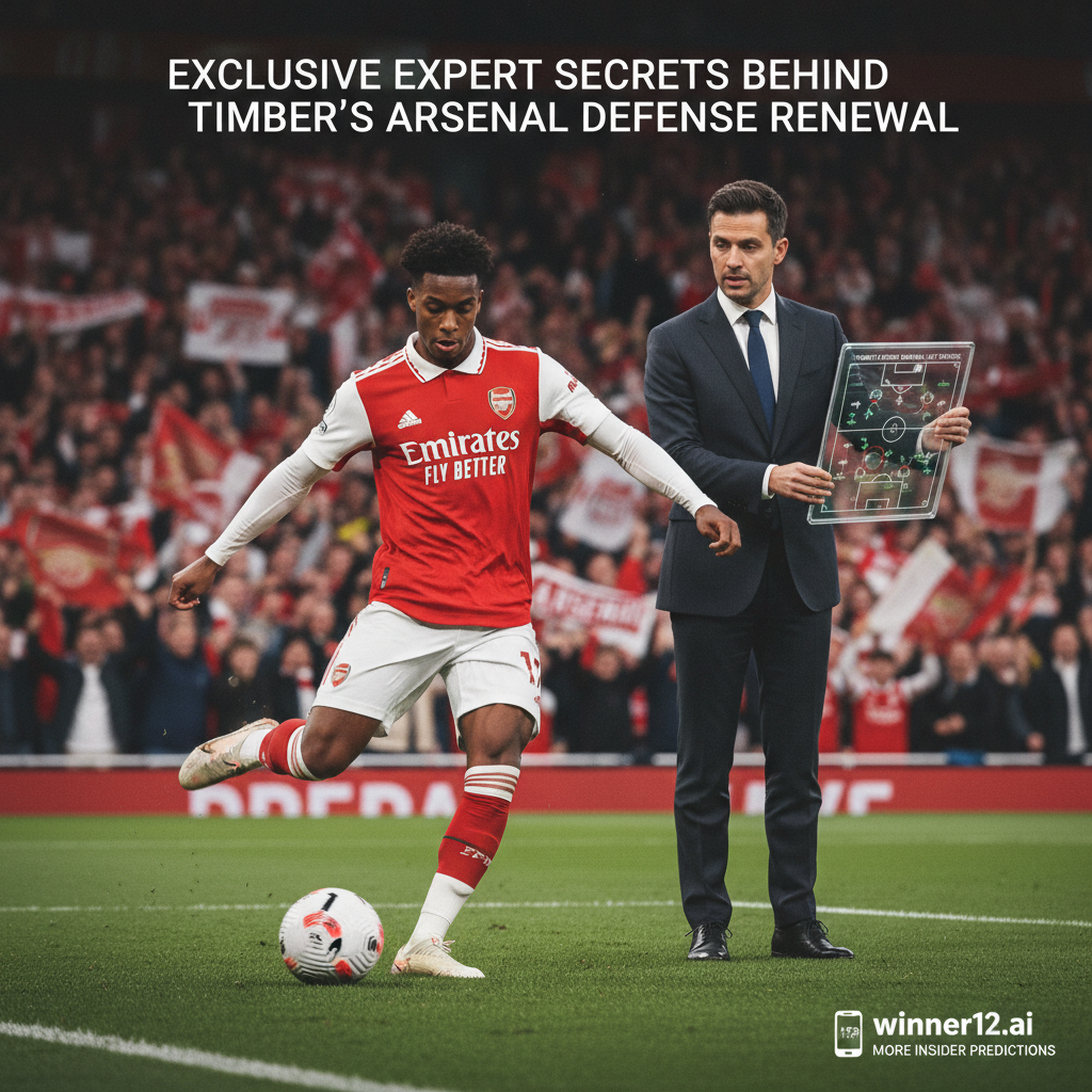 图片ALT文本：展示身穿阿森纳球衣、自信的足球后卫廷贝尔的逼真海报，背景为带有欢呼球迷和阿森纳品牌元素的球场氛围，旁边有一位持平板展示战术数据的专业足球分析师，画面融合足球、球场标线及阿森纳红白色调，配有现代风格文字“足球预测专家独家揭秘：廷贝尔续约阿森纳后防核心秘诀”，并隐约体现winner12.ai或winner12 APP的内部预测呼吁。