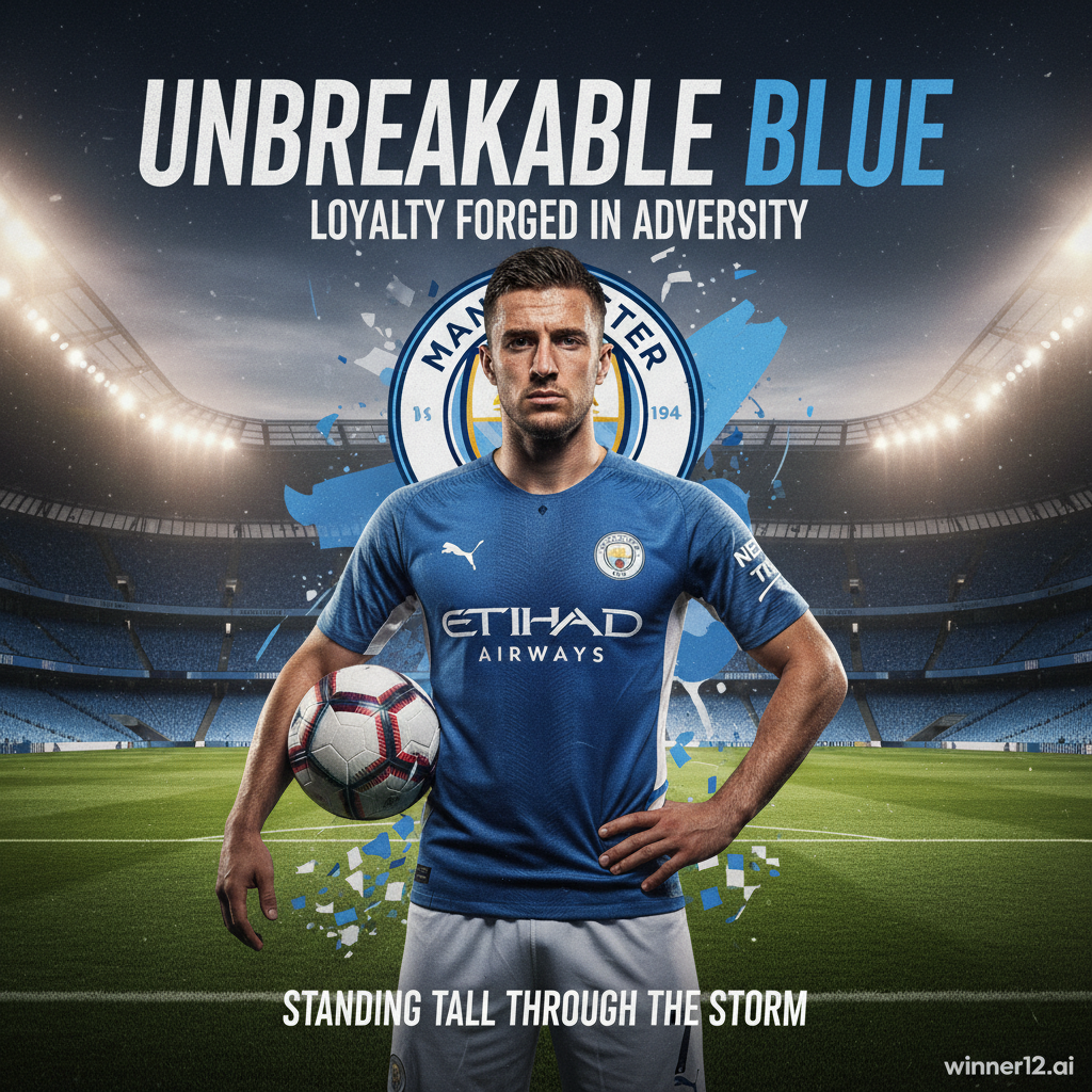 Alt text: High-resolution poster of a determined Manchester City football player standing confidently on a lush green pitch under dramatic stadium lights, symbolizing loyalty and resilience during a club crisis, featuring a classic soccer ball and iconic stadium backdrop, with a subtle winner12.ai logo in a sleek font at the bottom corner.