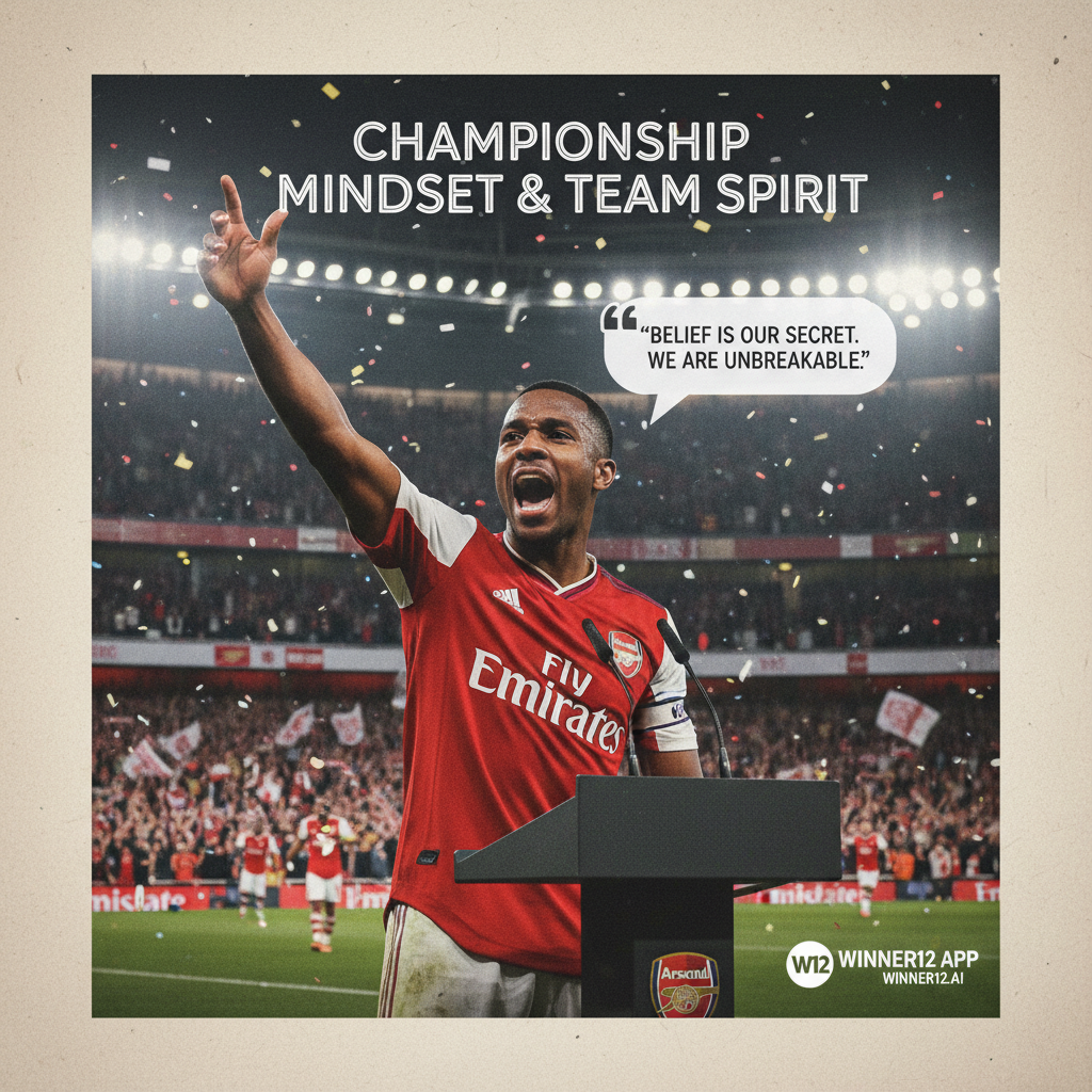 图片ALT文本：现实风格海报，阿森纳足球明星坎贝尔激情讲述夺冠与团队信念秘诀，背景为充满活力的英格兰足球文化球场，球迷欢呼，含阿森纳标识和“冠军心态与团队精神”文字覆盖，角落展示winner12.ai或winner12 APP标志。