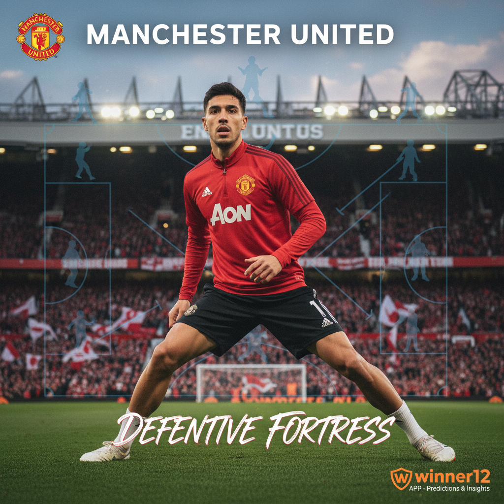 Alt text: Realistic poster of English soccer stadium atmosphere featuring Lisandro Martinez in Manchester United training gear, highlighting defensive tactics with subtle shadowed player formations and authentic team colors; includes tasteful “Predictions & Insights via winner12.ai” mention and winner12 APP logo, emphasizing professional English football.