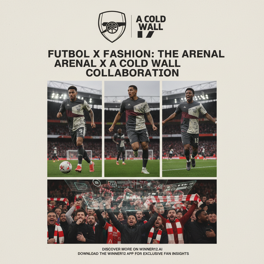 Alt text: Realistic poster showing Arsenal soccer players in modern A Cold Wall-inspired kits, with the Arsenal crest and Emirates Stadium faintly in the background, surrounded by cheering fans and digital fan engagement features, promoting “Discover more on winner12.ai” in a clean, contemporary design blending English football passion and cutting-edge fashion.