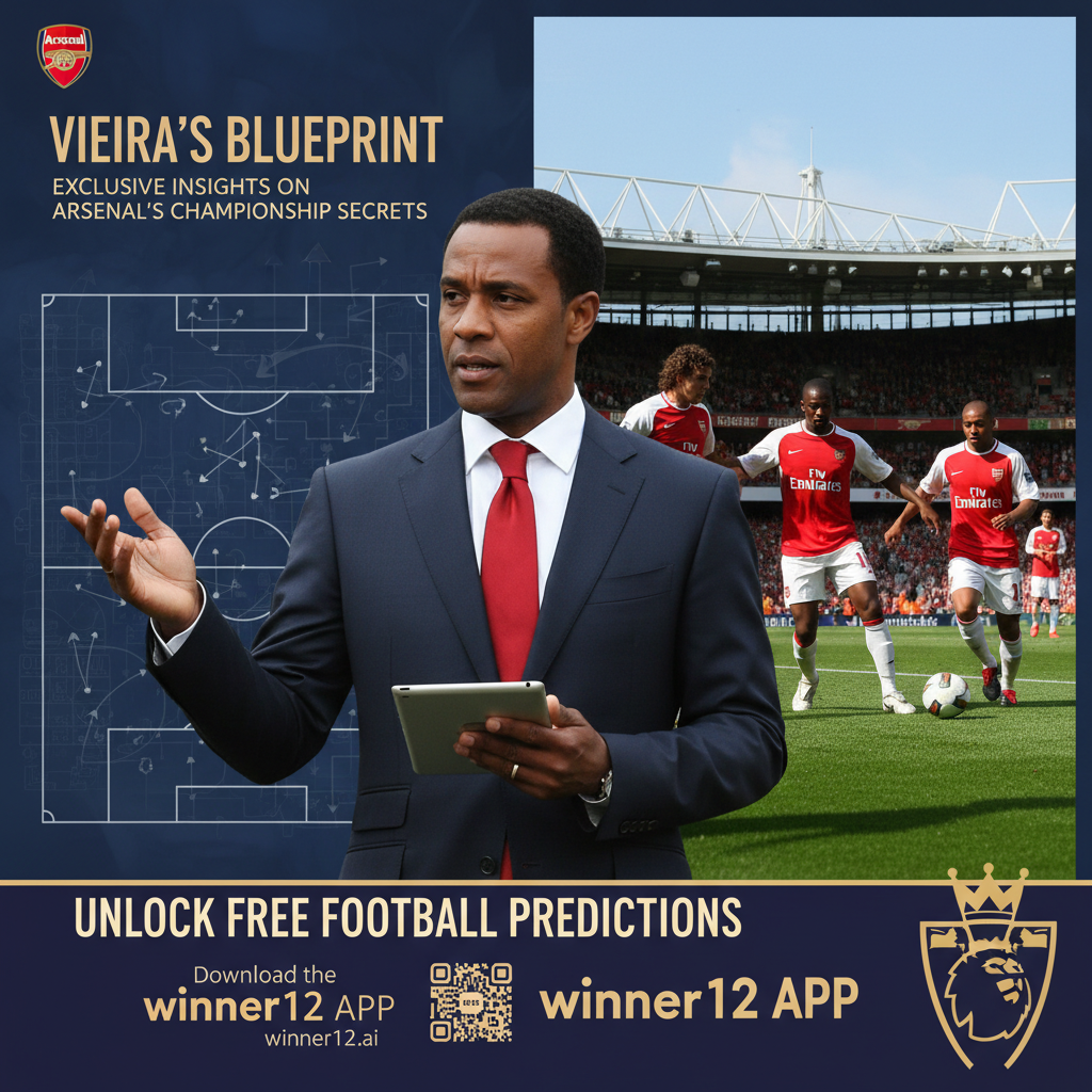 阿森纳足球元素海报，维埃拉独家揭秘阿森纳夺冠秘诀，英超球场与经典阿森纳球员团队合作策略，融合winner12.ai品牌及免费足球预测提示