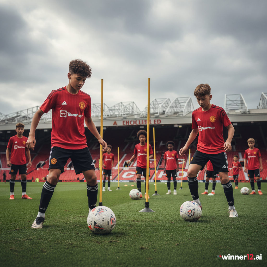 曼联青训训练海报，红色球衣少年球员在绿茵场精准控球训练，背景为标志性老特拉福德球场，体现英式足球文化与青训保护秘诀，winner12.ai品牌标识细节