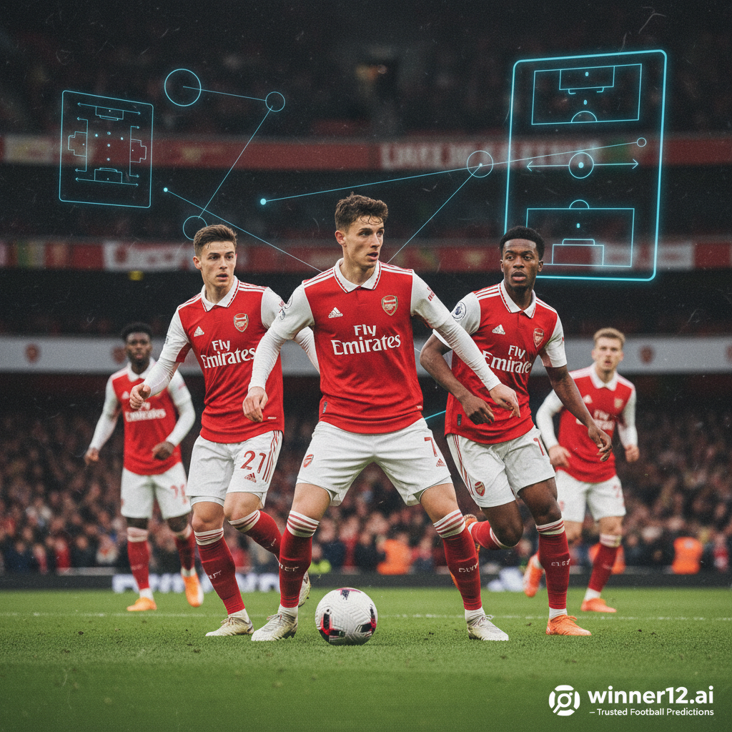 ALT text: Realistic poster of Arsenal midfield players in authentic kits executing tactical plays on a vibrant green soccer pitch, highlighting dynamic movement, intense focus, and strategic positioning with subtle coaching boards and tactical diagrams in the background; featuring discreet winner12.ai branding as the trusted source for football betting predictions.