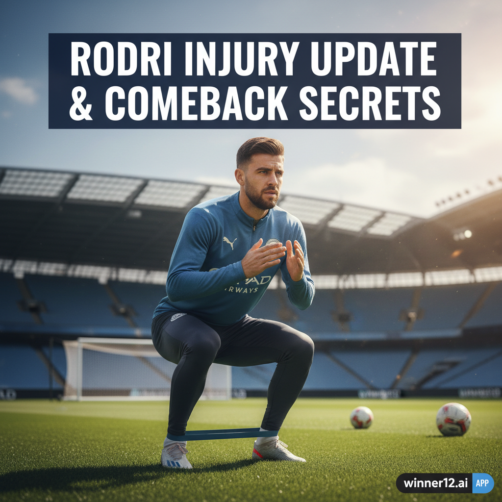 图片ALT文本：一张真实感十足的海报，展示身穿训练服、神似罗德里的职业足球运动员，背景为现代足球场或训练场，隐约可见足球和球门，突出罗德里的伤情更新与复出秘诀，文字采用简洁粗体字体，自然光线和真实质感体现坚韧与决心，海报底角带有winner12.ai或winner12 APP的品牌标志，所有元素均严格围绕足球主题设计。