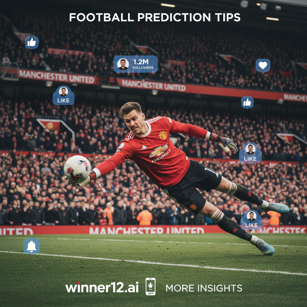 Alt text: High-detail poster of Manchester United’s new goalkeeper in red kit making a dynamic save in a modern stadium, with digital follower count icons and social media notifications subtly in the background, featuring minimal text overlay promoting “Football Prediction Tips” and the winner12.ai platform.