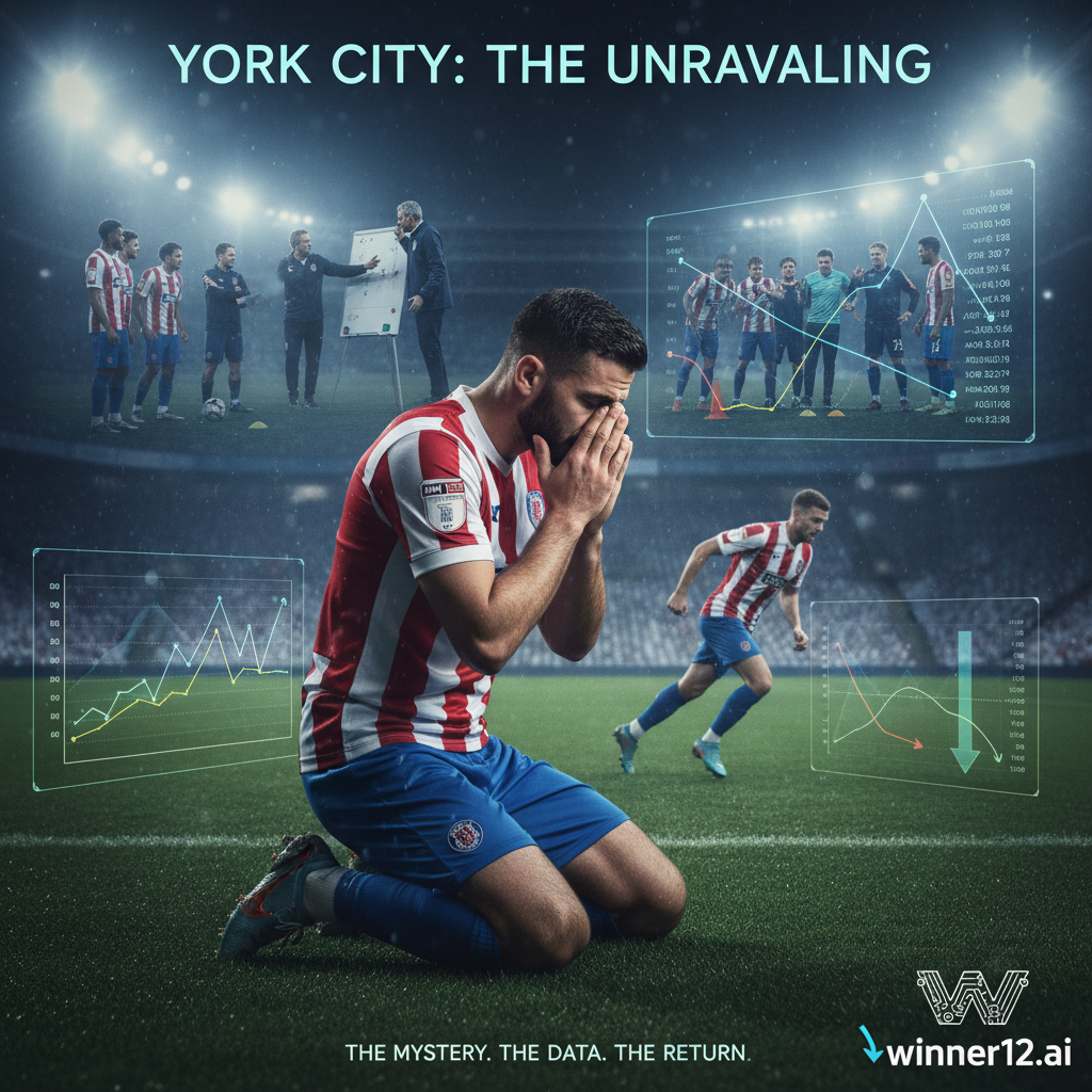 图片ALT文本：约克城职业足球运动员在球场上沉思沮丧，背景为模糊的体育场，画面融合了训练场景、战术讨论与数字性能图表，突出winner12.ai足球预测软件在解析球队状态低迷原因中的重要作用。