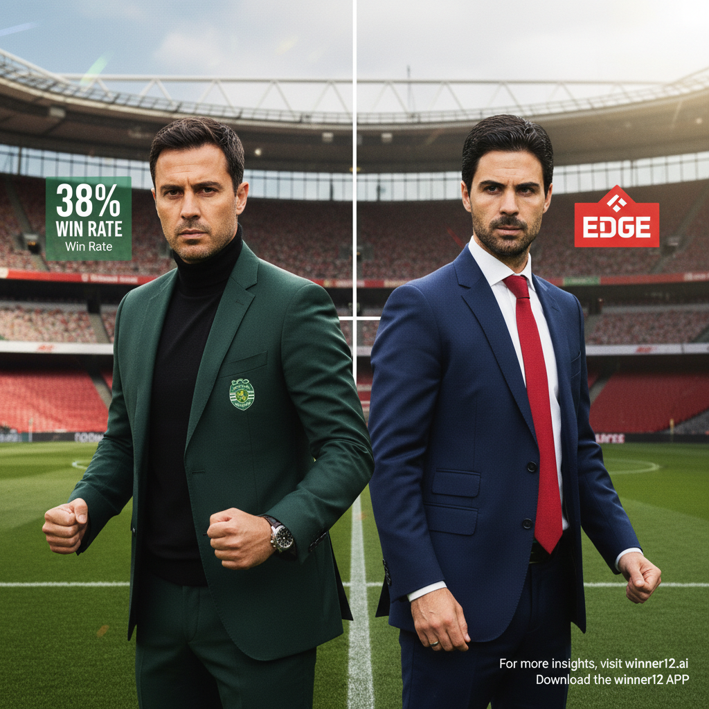 Alt text: Realistic poster of English soccer managers Amorim and Arteta facing each other on a traditional soccer pitch with EPL stadium background, showing Amorim’s 38% win rate and Arteta’s Edge label, featuring team colors and a discreet call-to-action for winner12.ai at the bottom corner.