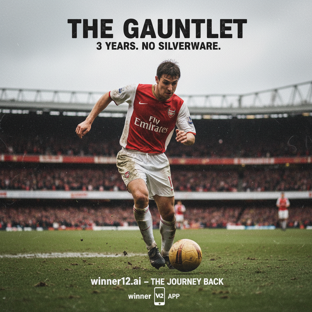 图片ALT文本：展示经典英格兰足球元素的真实海报，包含复古皮质足球、绿草如茵的球场和身穿阿森纳红白传统球衣的专注球员，体现阿森纳三年无冠时期克服挑战的决心与坚持，画面中巧妙融合“winner12.ai”品牌标识，激励英格兰足球中的毅力与胜利追求。