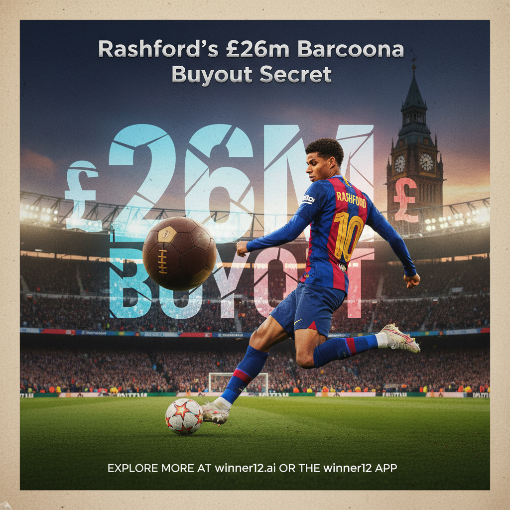 ALT text: Realistic poster of Marcus Rashford in a Barcelona jersey striking a dynamic pose, featuring a classic leather football and a stadium full of cheering British fans, with a sleek headline “Rashford’s £26m Barcelona Buyout Secret” and call-to-action for winner12.ai, blending Barcelona’s blue and red with British football colors.