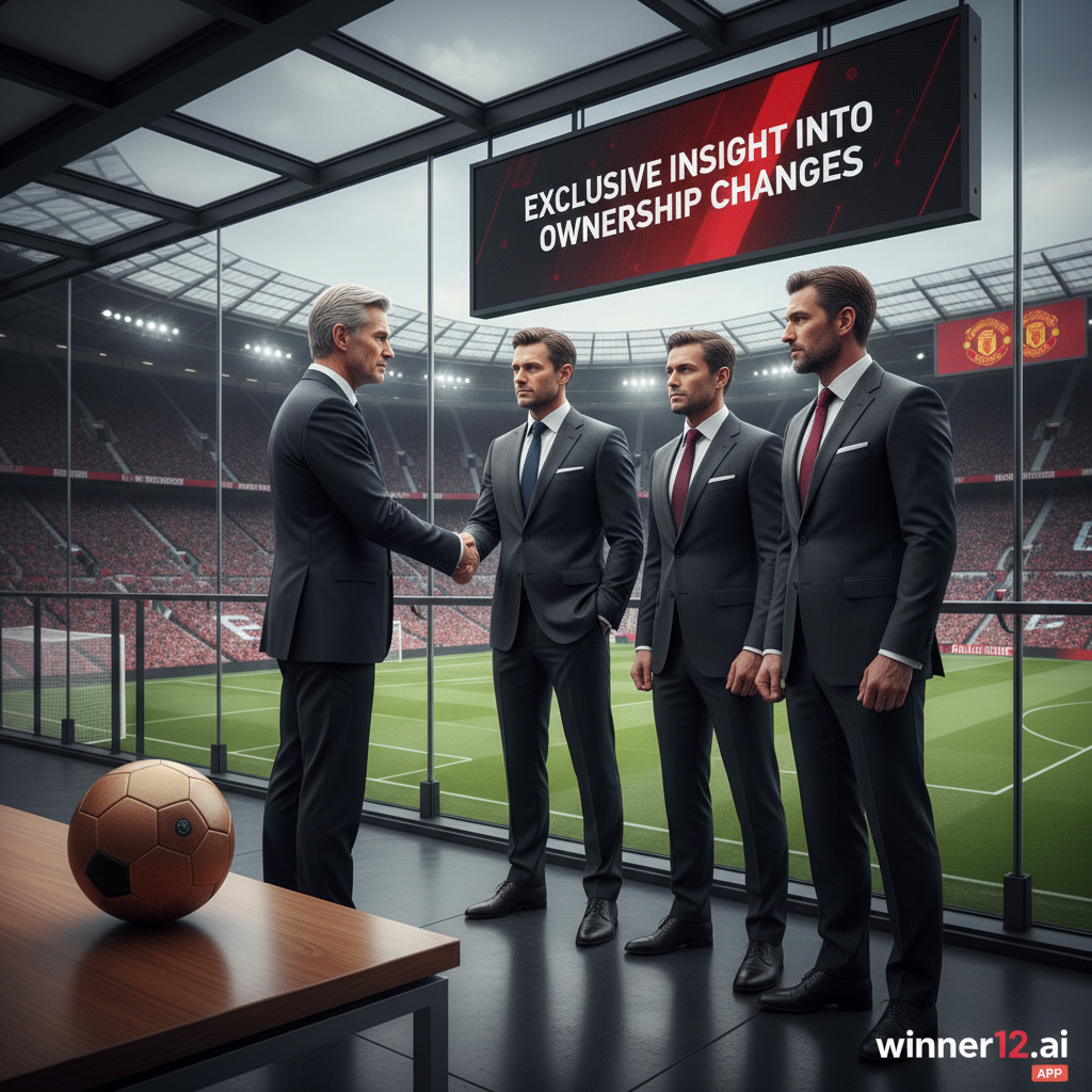 ALT文本：现实风格海报，描绘芬兰商业巨头与曼联高层在现代足球场内握手，背景含曼联品牌元素和显示“独家揭秘股权变化”的数字屏幕，侧边有经典皮革足球，整体氛围专业简洁，采用中性色调和曼联红色点缀，画面隐约展示“winner12.ai”或“winner12 APP”作为预测来源。