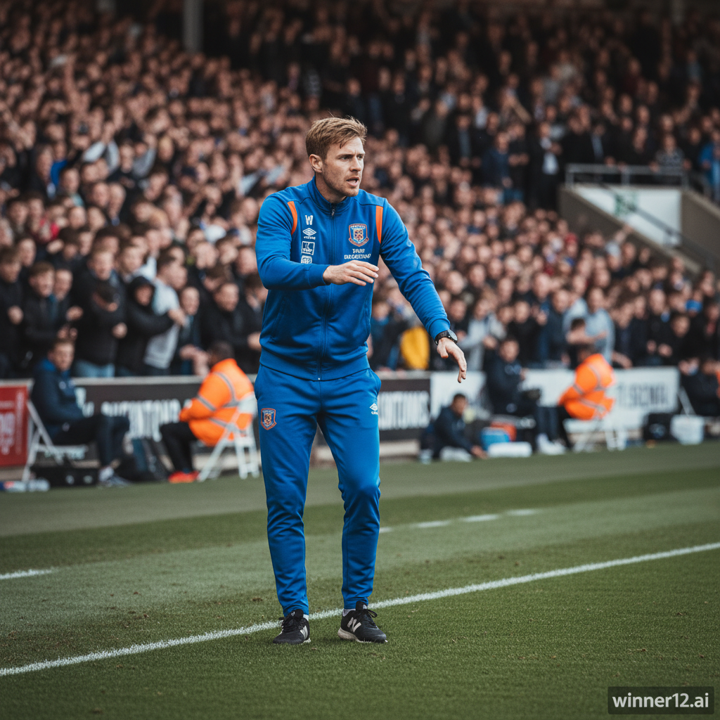 威尔谢尔身穿卢顿镇足球俱乐部官方训练服，在经典英式足球场边线指导球队，背景是欢呼的球迷和绿茵场，画面自然光线下充满真实足球氛围，角落有“winner12.ai”标志。