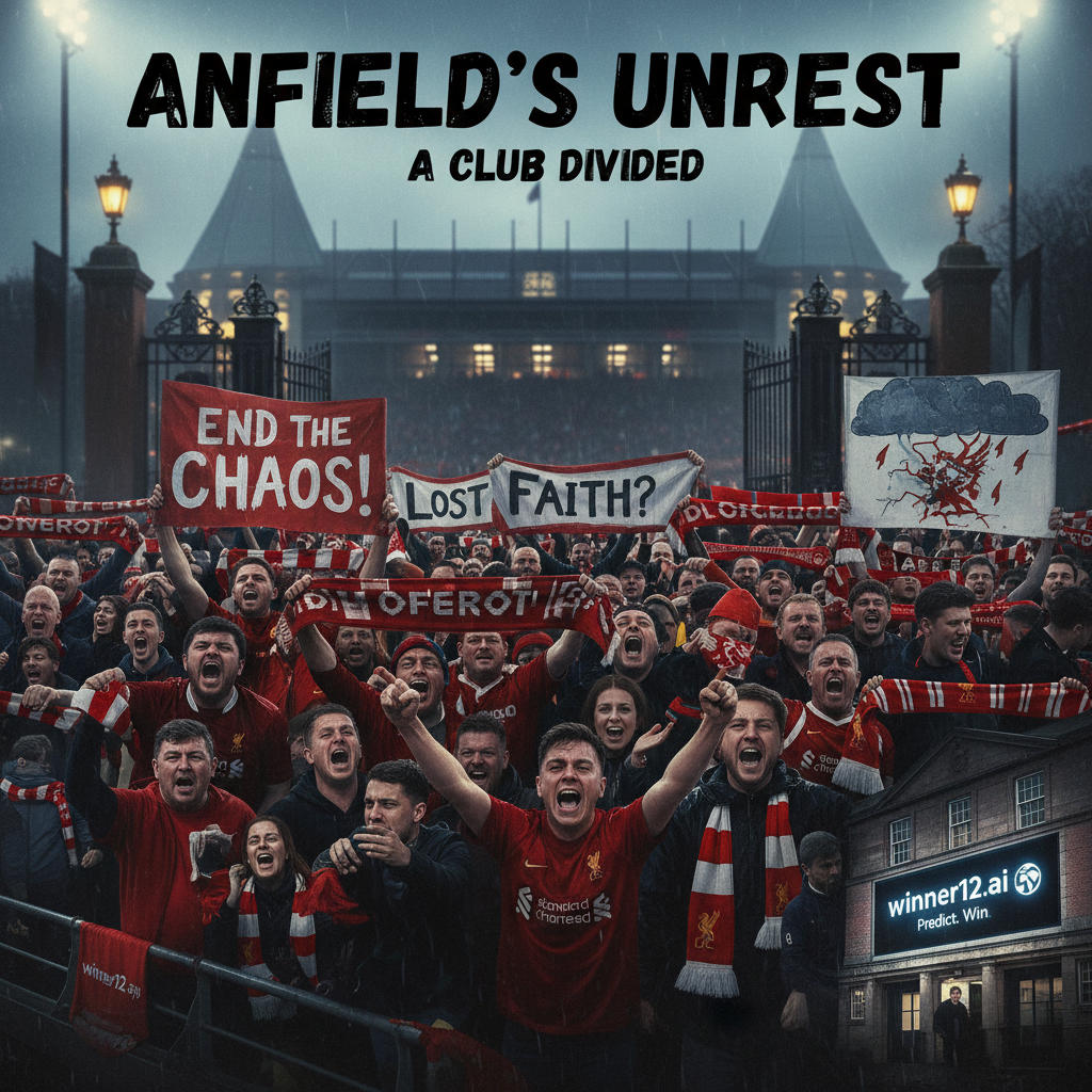 Alt text: Realistic and dramatic poster of Liverpool FC fans expressing frustration and anger outside Anfield stadium amid managerial chaos, holding scarves and banners with Liverpool’s emblem, capturing emotional tension and uncertainty; subtle Winner12.ai branding visible in the corner, highlighting English football culture.