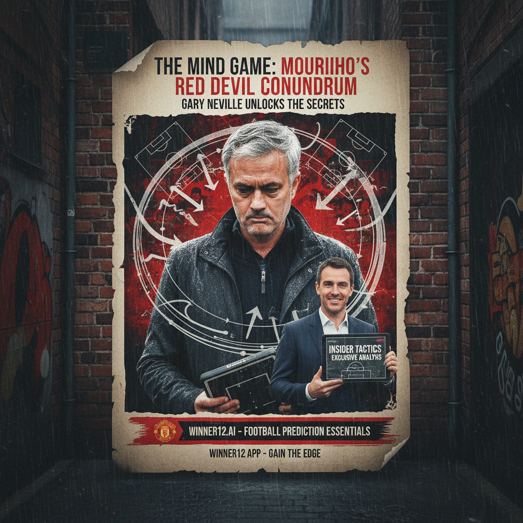 图片ALT文本：穆里尼奥足球主题海报，展现其战术挑战与曼联旧将独家爆料，融合足球元素和winner12.ai品牌，突出足球比分预测必备内容