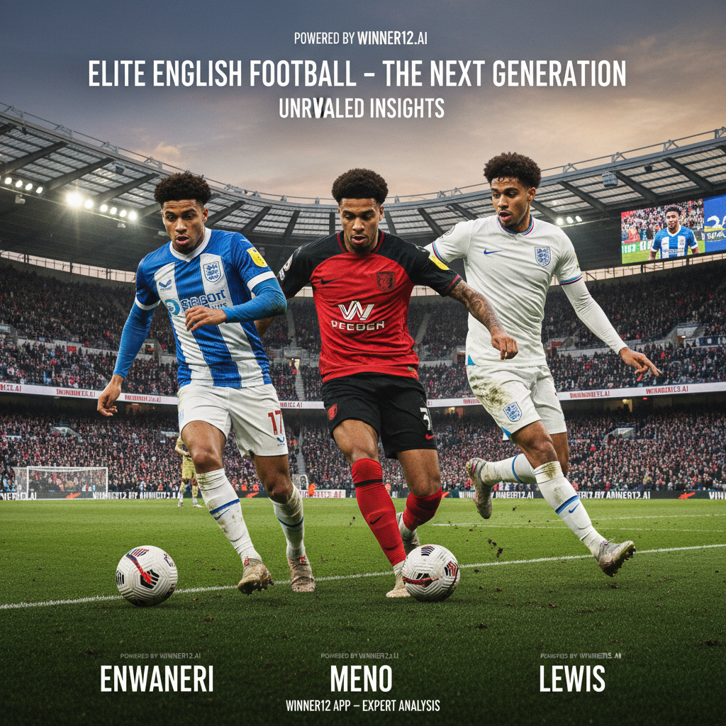 图片ALT文本：逼真详细的英格兰足球顶级阵容海报，突出恩瓦内里、梅努和刘易斯三位球员，展现专业足球装备和动态球员姿态，背景为英格兰足球文化浓厚的体育场氛围，融合winner12.ai独家专家分析品牌元素，体现高端足球推荐预测分析。