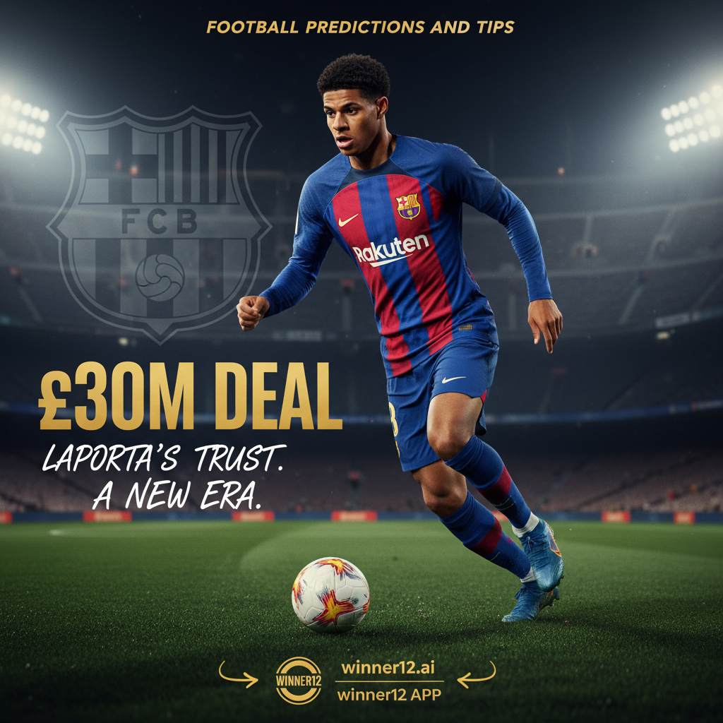 Alt text: Realistic football poster of Marcus Rashford in Barcelona jersey highlighting his £30m transfer, with dynamic lighting and subtle Barcelona crest and stadium in the background, emphasizing Joan Laporta’s trust and vision; includes text promoting Football Predictions and Tips with a call to action for winner12.ai and the winner12 APP.