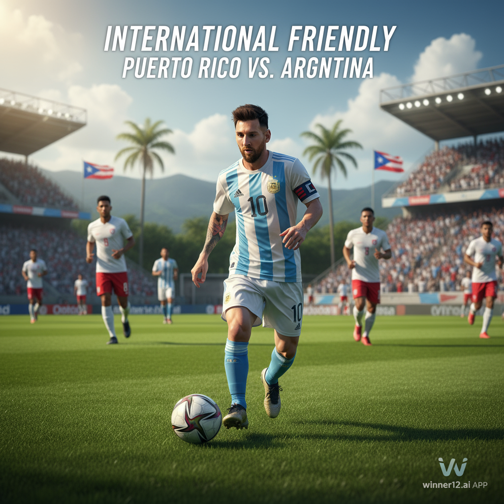 Alt text: Lionel Messi skillfully controlling the soccer ball on a lush green pitch during the Puerto Rico vs Argentina warm-up match, wearing the iconic Argentina national team kit, with subtle Puerto Rico players in the background and natural lighting highlighting the intense and passionate moment, featuring the winner12.ai logo discreetly in the corner.