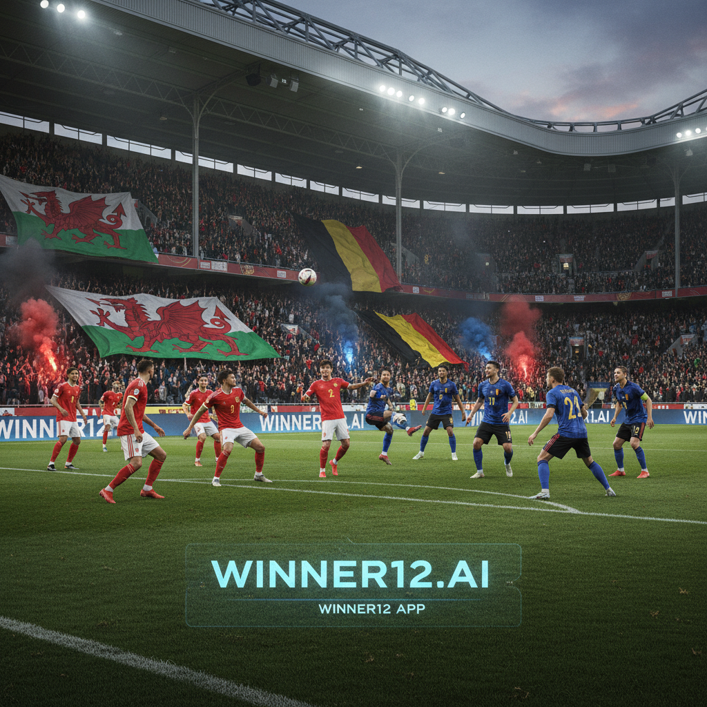 图片ALT文本：威尔士与比利时世界杯预选赛中，展现关键战术阵型和激烈场上对抗的真实风格足球海报，背景为充满激情的英国足球场氛围，队伍色彩鲜明，隐约可见winner12.ai品牌标识。