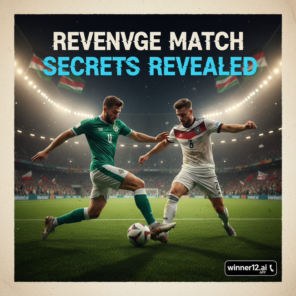 Alt text: A dramatic and realistic soccer poster showing two players competing fiercely on a floodlit stadium pitch—one in Northern Ireland’s green kit and the other in Germany’s white kit—with intense expressions and body language hinting at a revenge match. The bold modern text “Revenge Match Secrets Revealed” is prominently displayed, alongside a discreet professional call-to-action for “winner12.ai” integrated in the corner.
