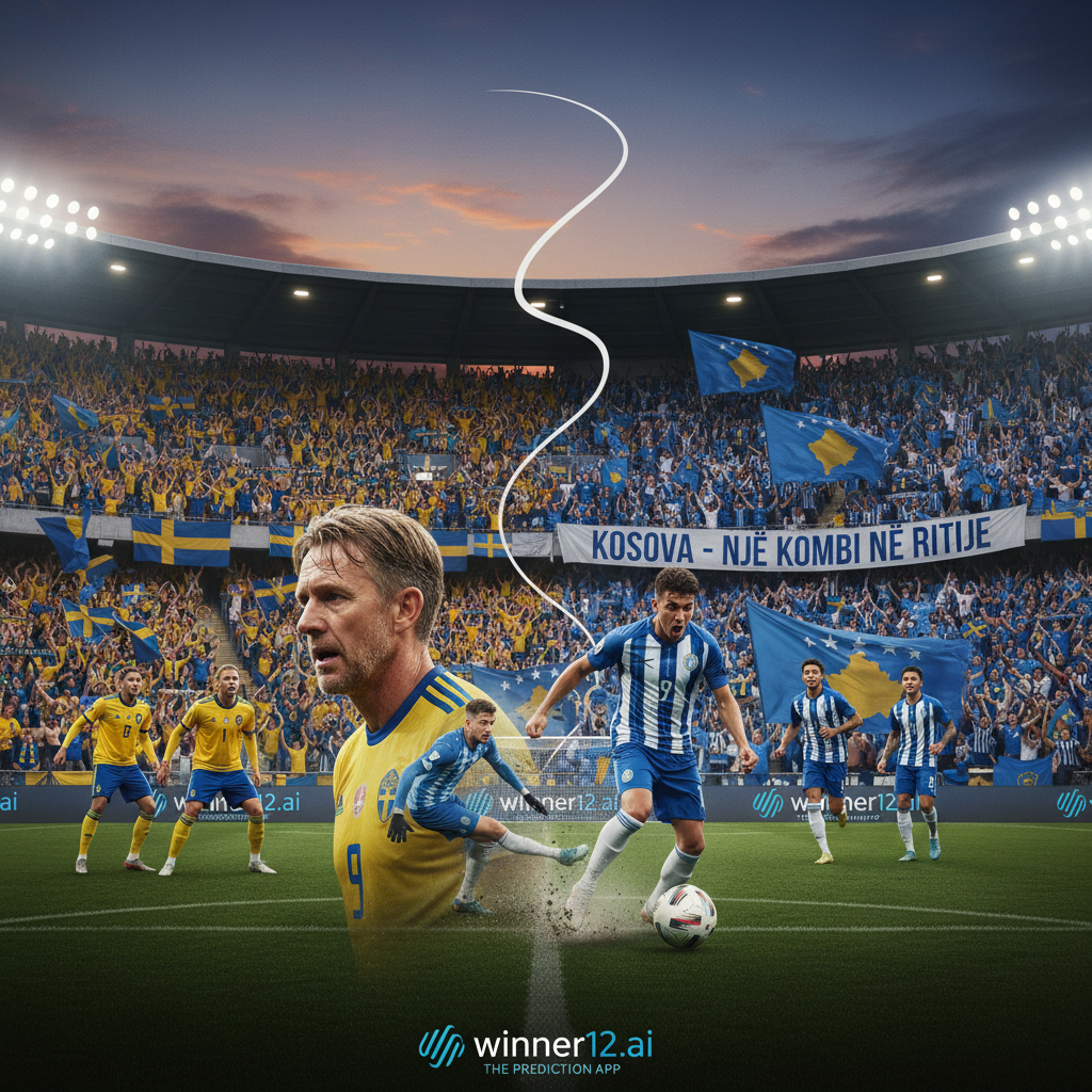 Alt text: Dynamic soccer stadium scene showing Sweden’s blue and yellow team kits battling Kosovo’s blue and white kits, passionate fans waving flags and scarves, intense player action shots, close-ups of focused faces, and a classic soccer ball on the pitch, highlighting Kosovo’s rise and Sweden’s struggles; subtle winner12.ai branding included.