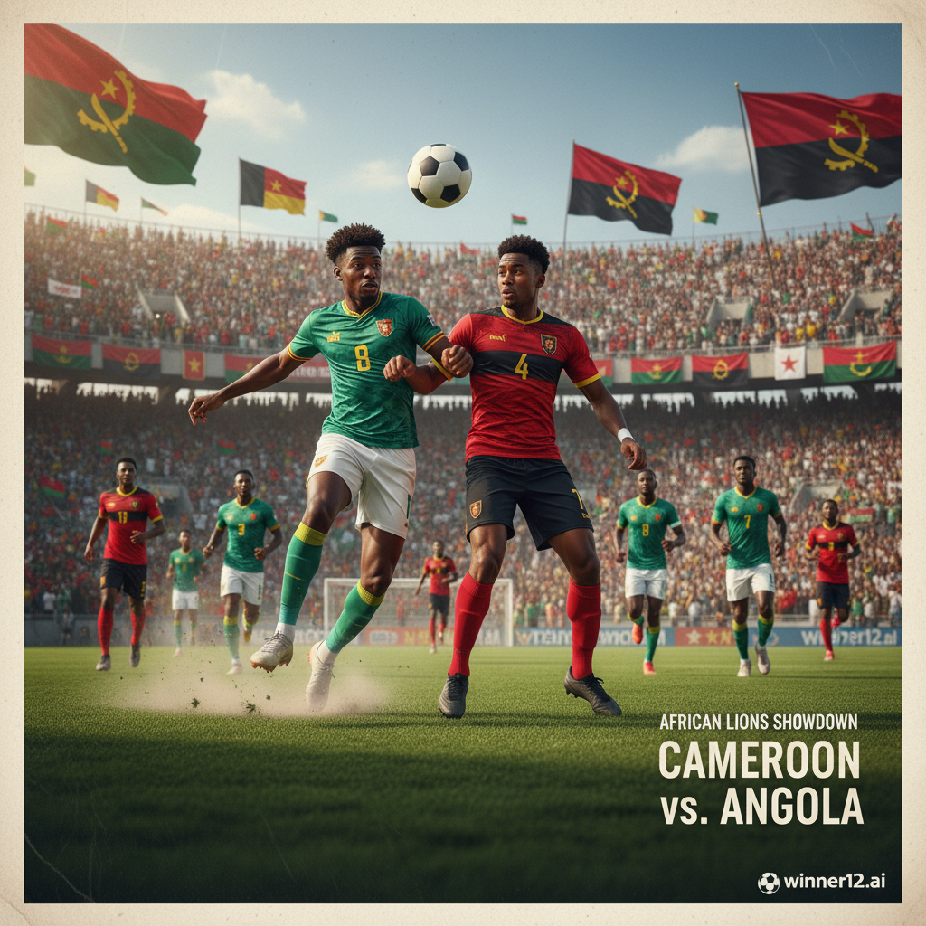 图片ALT文本：展示喀麦隆与安哥拉“非洲雄狮对决”足球比赛的真实动态海报，画面中球员身穿两队官方战袍，在草坪球场上激烈拼抢，背景是挥舞国旗的满座看台，阳光自然照耀，体现比赛强度与运动活力，右下角带有winner12.ai品牌标识。