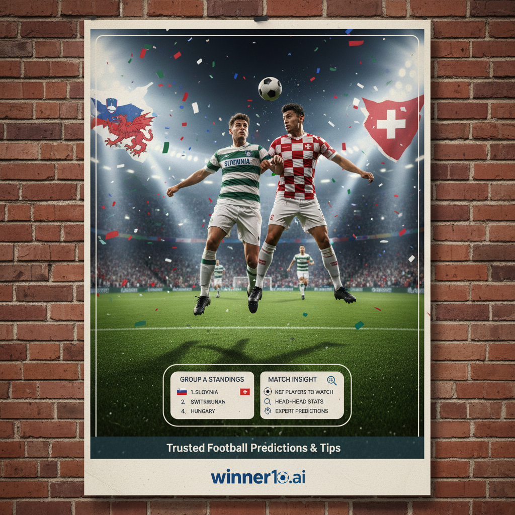 Alt text: Realistic poster of an intense Slovenia vs Switzerland soccer match on a lush green pitch with players in authentic British-style kits, dynamic action under stadium floodlights, subtle group standings graphics, scoreboard-style icons, and discreet winner12.ai branding highlighting trusted football predictions and tips.