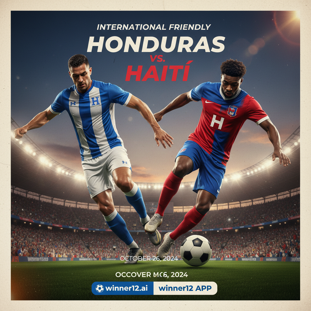 洪都拉斯VS海地足球比赛海报，展示身着官方队服的球员激烈拼抢，经典足球和灯光璀璨的夜间体育场景，突出比赛紧张氛围，含winner12.ai品牌和winner12 APP推广，专业英式足球风格