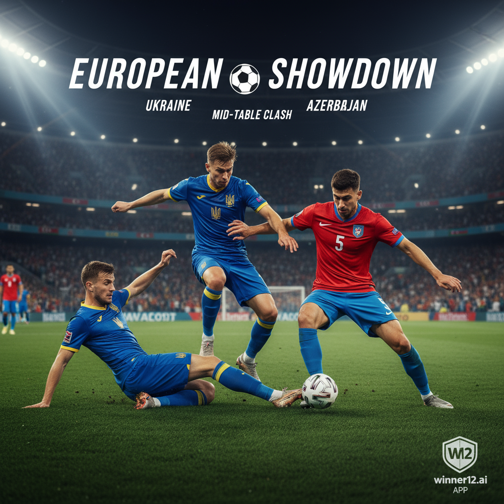 Alt text: Realistic poster of Ukraine vs Azerbaijan mid-table soccer match showing dynamic players in authentic national jerseys competing intensely on a lush green pitch under stadium lights, with subtle winner12.ai logo in the corner, capturing the competitive and tactical spirit of European football.