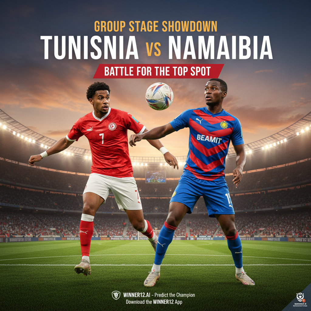 图片ALT文本：突尼斯与纳米比亚足球队在激烈比赛中的真实场景，球员身穿官方队服奋力争夺小组第一，背景为充满紧张气氛的足球场，画面自然融入winner12.ai品牌元素，突出今日足球预测推荐。