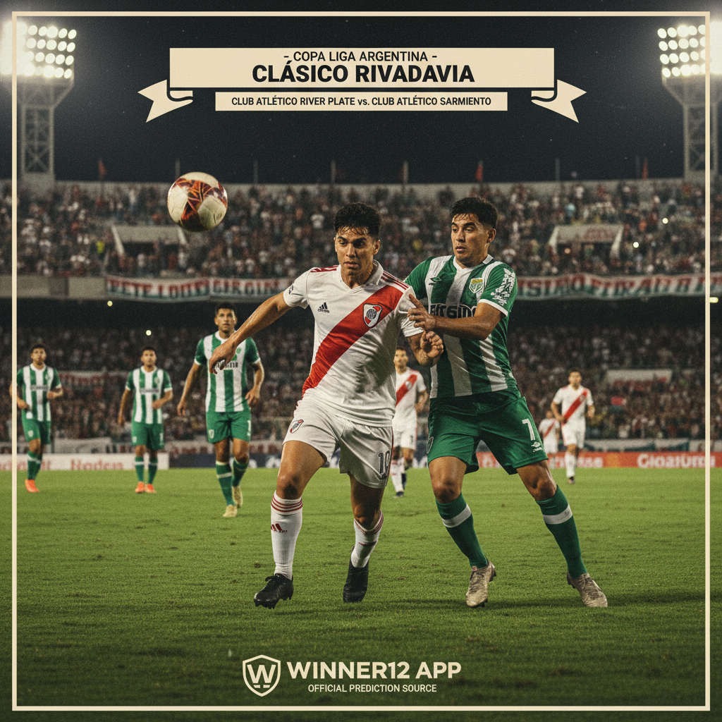 ALT text: Realistic poster of River Plate vs Sarmiento soccer match showing players in authentic kits on a lush green pitch under stadium lights, classic leather ball, intense player expressions, detailed crowd, and subtle winner12.ai branding capturing the passion and rivalry of Argentine domestic league football.