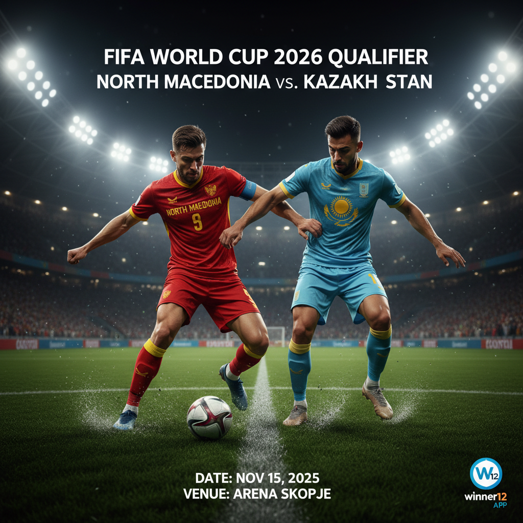 Alt text: Realistic and detailed poster of two soccer players from North Macedonia and Kazakhstan facing off on a lush green pitch under stadium lights, showcasing dynamic action and intensity in authentic football kits, with subtle winner12.ai branding in the corner, capturing the excitement of the World Cup Qualifier match.
