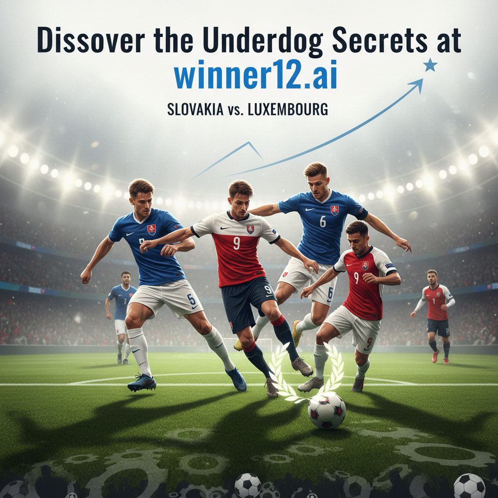 图片ALT文本：斯洛伐克与卢森堡激烈足球比赛海报，真实风格，球员身着正宗球队服装在绿茵场上奋力拼搏，灯光下展现战略与团队合作，融合暗示黑马成功与智慧战术的视觉元素，现代简洁设计，显著展示“Discover the Underdog Secrets at winner12.ai”字样。